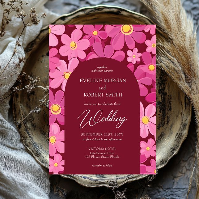 Retro groovy pink and yellow flowers boho arch invitation (retro groovy magenta pink and yellow flowers wedding invitation)