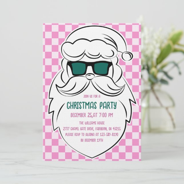 Retro Groovy Pink Checkered Santa Claus Christmas  Invitation (Standing Front)