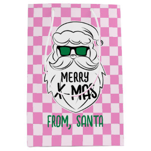 Retro Groovy Pink Checkered Santa Claus Christmas  Medium Gift Bag