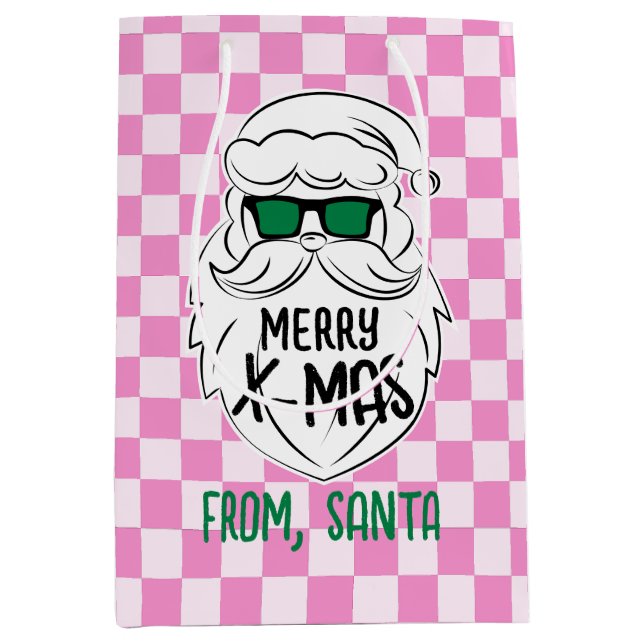 Retro Groovy Pink Checkered Santa Claus Christmas  Medium Gift Bag (Front)