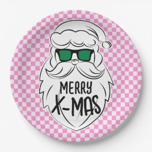 Retro Groovy Pink Checkered Santa Claus Christmas  Paper Plate