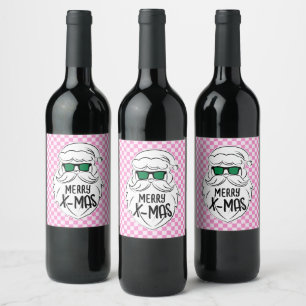 Retro Groovy Pink Checkered Santa Claus Christmas  Wine Label