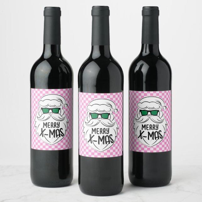 Retro Groovy Pink Checkered Santa Claus Christmas  Wine Label (Bottles)