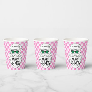 Retro Groovy Pink Chequered Santa Claus Christmas  Paper Cups