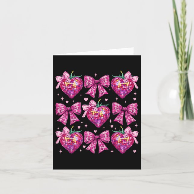 Retro Groovy Pink Coquette Bow Strawberry Valentin Card (Front)