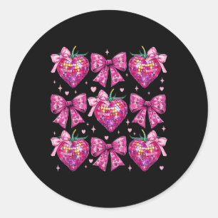 Retro Groovy Pink Coquette Bow Strawberry Valentin Classic Round Sticker