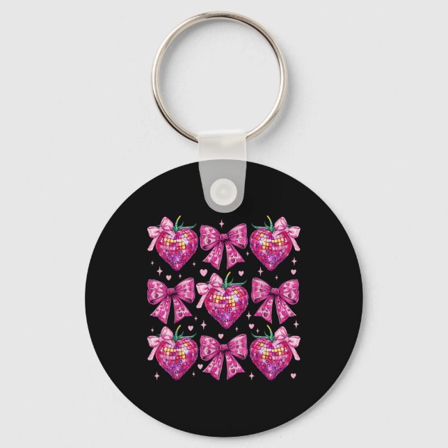 Retro Groovy Pink Coquette Bow Strawberry Valentin Keychain (Front)