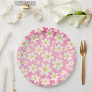 Retro Groovy Pink Daisy Birthday Paper Plates