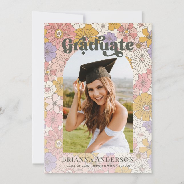 Retro Groovy Pink Floral Arch Graduation Photo Invitation (Front)