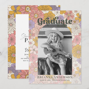 Retro Groovy Pink Floral Arch Kids Graduation Invitation