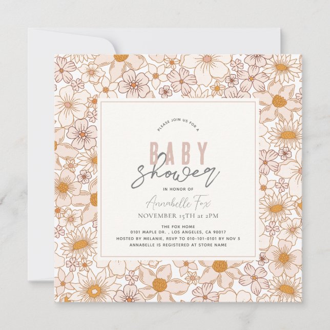 Retro Groovy Pink Floral Girl Baby Shower Invitation (Front)
