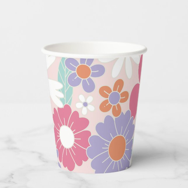 Retro Groovy Pink Floral Paper Plates Cups (Back)