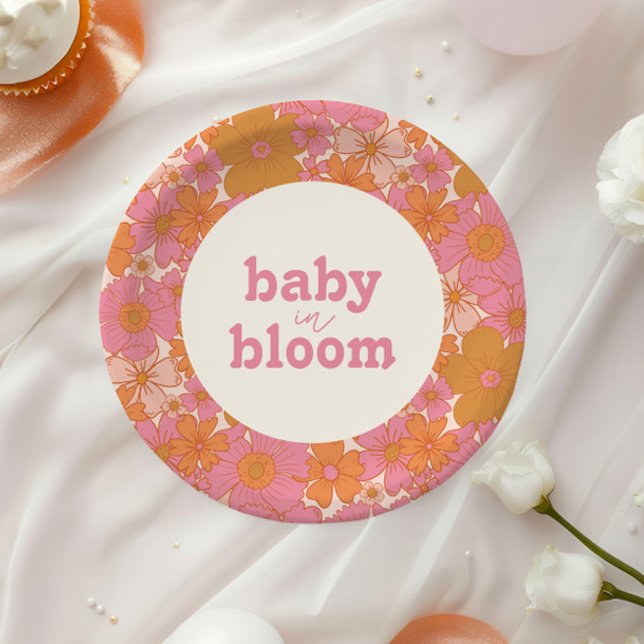 Retro Groovy Pink Hippie Baby in Bloom | Boho Paper Plate (Creator Uploaded)