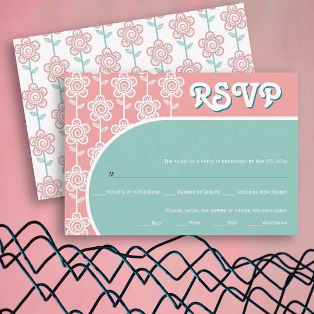 Retro groovy pink-peach and aqua 70s wedding RSVP (Creator Uploaded)