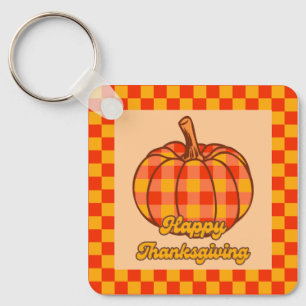 Retro Groovy Plaid Pumpkin Checkered Thanksgiving Keychain