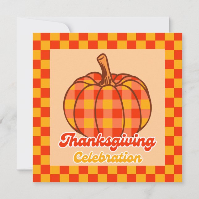 Retro Groovy Plaid Pumpkin Chequered Thanksgiving Invitation (Front)