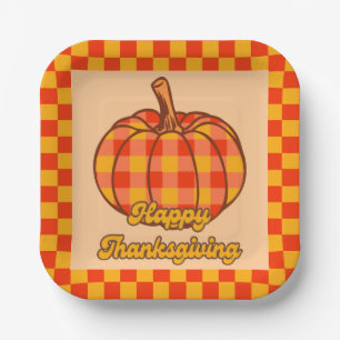 Retro Groovy Plaid Pumpkin Chequered Thanksgiving Paper Plate