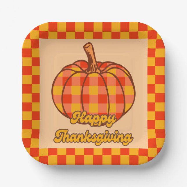 Retro Groovy Plaid Pumpkin Chequered Thanksgiving Paper Plate (Front)