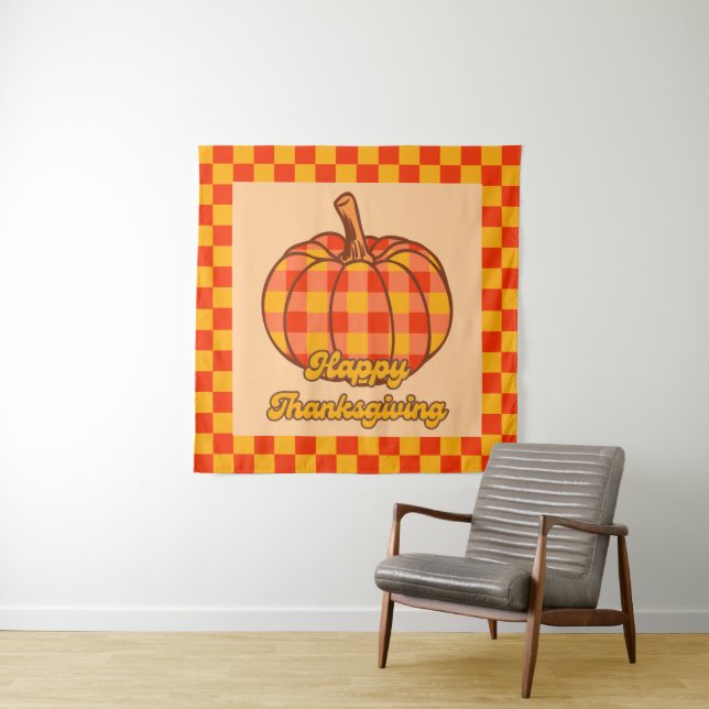Retro Groovy Plaid Pumpkin Chequered Thanksgiving Tapestry (In Situ)