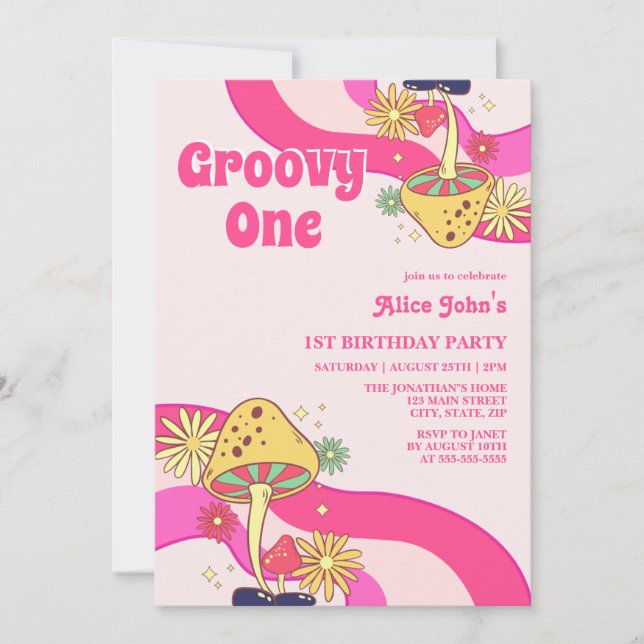 Retro Groovy Psychedelic Mushroom Pink Birthday Invitation (Front)