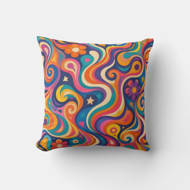 Retro Groovy Psychedelic Swirl Pattern Throw Pillow (Front)