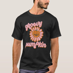 Retro Groovy Pumpkin Halloween Flower Pink T-Shirt