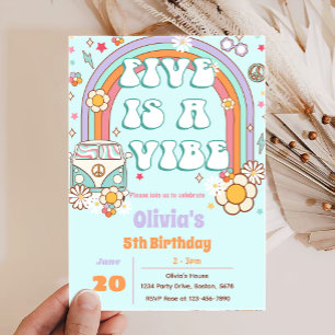 Retro Groovy Rainbow 5th Birthday Invitation