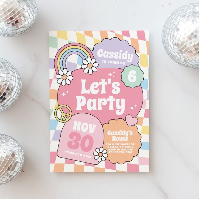 Retro Groovy Rainbow Chequered Girl Birthday Invitation (Creator Uploaded)
