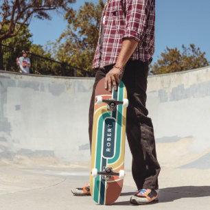 Retro Groovy Rainbow Stripes with Name Skateboard