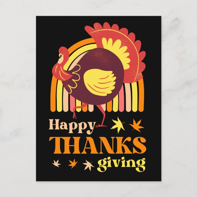 Retro Groovy Rainbow Turkey  Black Thansgiving Postcard (Front)