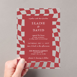Retro Groovy Red Chequerboard Wedding Acrylic Invitations