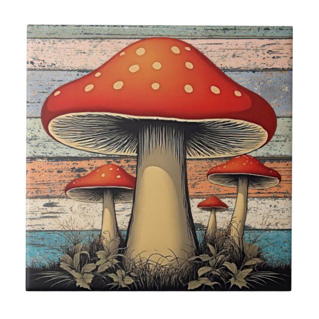 Retro Groovy Red Mushrooms on Rustic Wood Tile (Front)