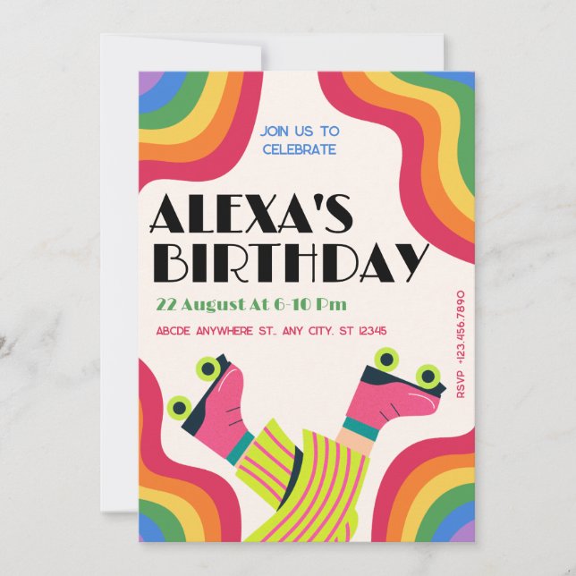 Retro groovy roller skate collorful fun birthday invitation (Front)