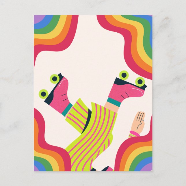 Retro groovy roller skate collorful fun  postcard (Front)
