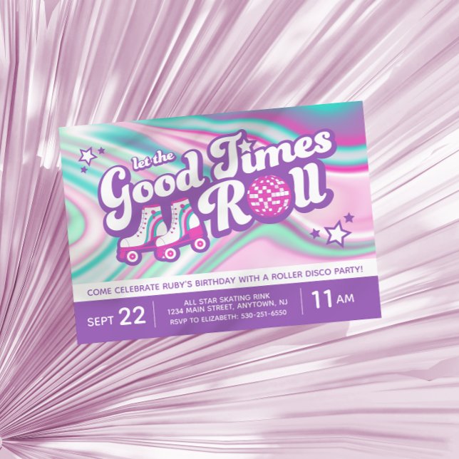 Retro Groovy Roller Skating Party Purple & Pink  Invitation (Creator Uploaded)