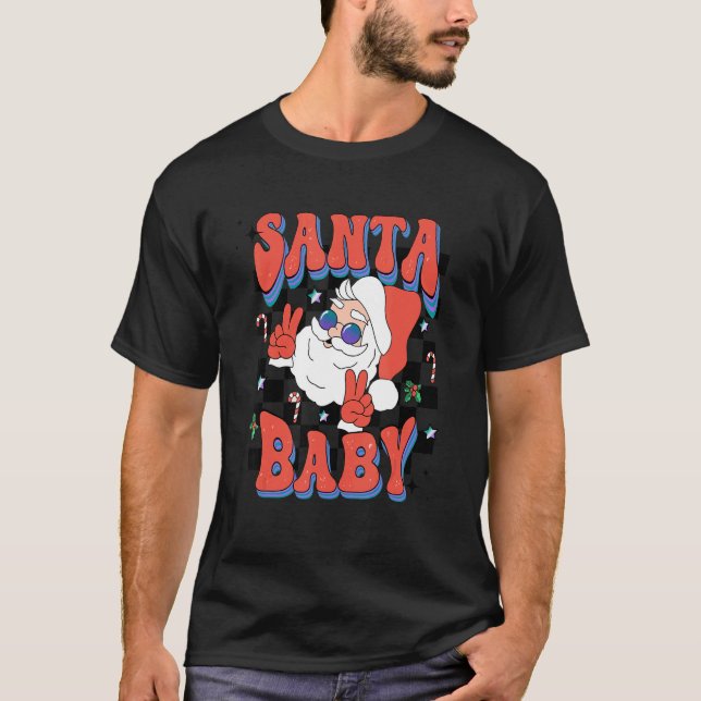 Retro Groovy Santa Claus Rocks Plaid Baby Kid Chri T-Shirt (Front)