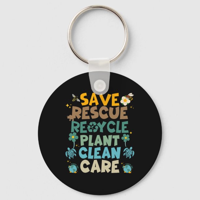 Retro Groovy Save Bees Rescue Animals Recycle Fun  Keychain (Front)