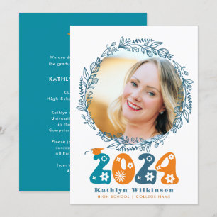 Retro Groovy Script Floral Wreath Photo Graduation Announcement