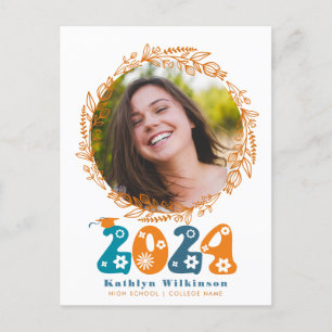 Retro Groovy Script Terracotta Floral Graduation Announcement Postcard