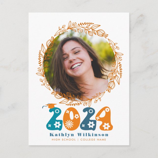 Retro Groovy Script Terracotta Floral Graduation Announcement Postcard (Front)