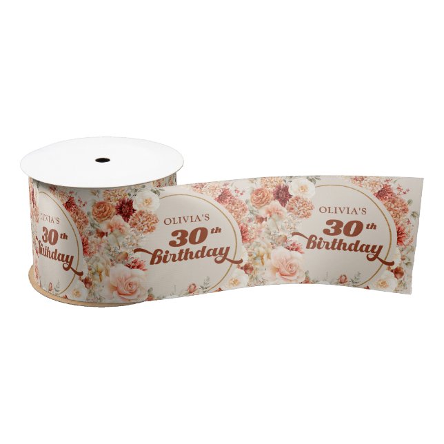Retro groovy script terracotta flowers 30 birthday satin ribbon (Spool)
