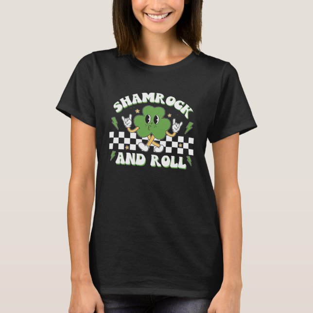 Retro Groovy Shamrock And Roll St Patricks Day Cos T-Shirt (Front)