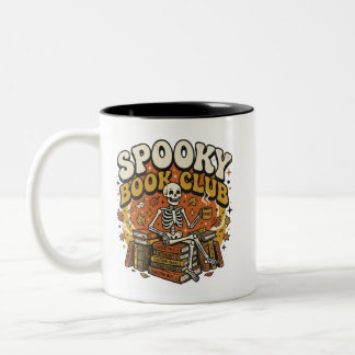 Retro Groovy Skeleton Book Lover Halloween Two-Tone Coffee Mug
