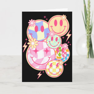 Retro Groovy Smile Face Flower Happy Face Checkere Card