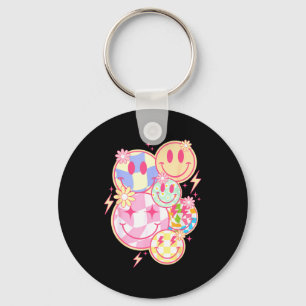 Retro Groovy Smile Face Flower Happy Face Checkere Keychain