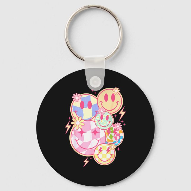 Retro Groovy Smile Face Flower Happy Face Checkere Keychain (Front)
