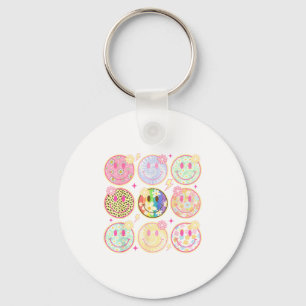 Retro Groovy Smile Face Flower Happy Face Checkere Keychain