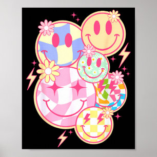 Retro Groovy Smile Face Flower Happy Face Checkere Poster