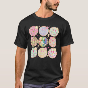 Retro Groovy Smile Face Flower Happy Face Checkere T-Shirt