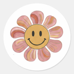 Retro Groovy Smiley Face Flower Pastel 70s Floral Classic Round Sticker